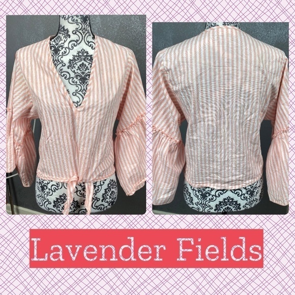 Lavender Fields striped tie front bell sleeve top - Picture 1 of 12